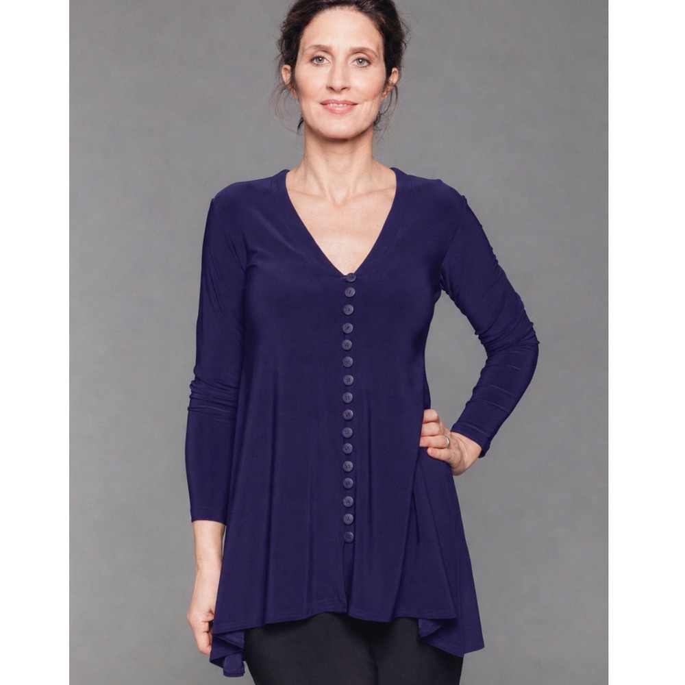 Sympli Canada Top Size 6 Duo Diva Deep Purple Long Sleeve V-Neck Button Tunic